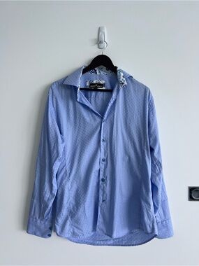 Bertigo Light Blue Micro-Pattern Men's Dress Shirt with Contrast Collar